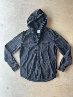American Eagle Outfitters Black Hooded Button-Down Shirt